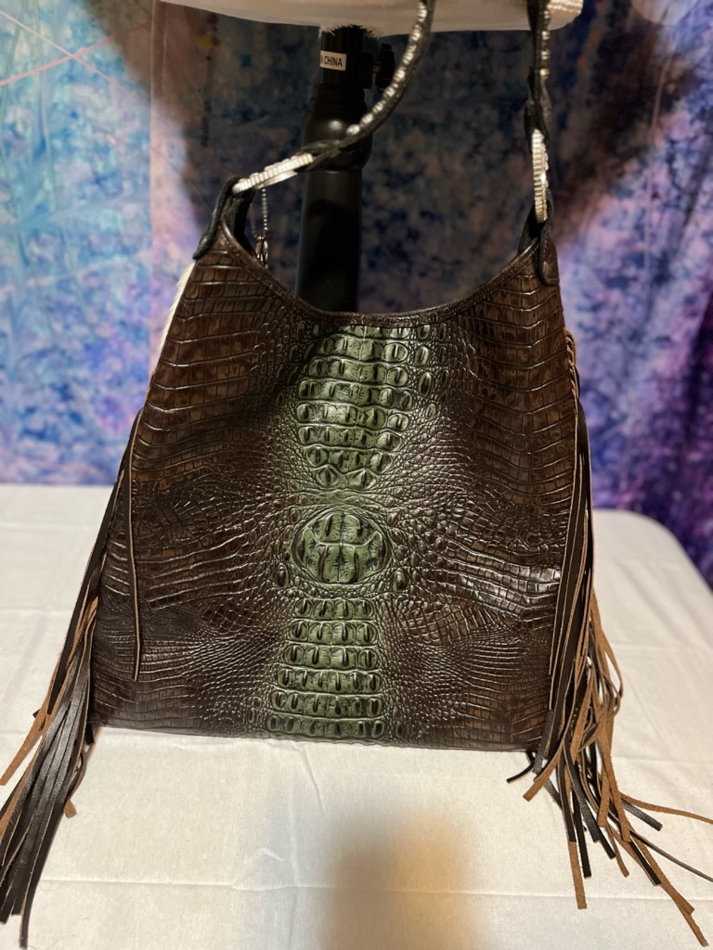 Raviani Brown & White Cowhide Fringe Shoulder Bag with Embossed Leather Panel - Picture 2 of 4